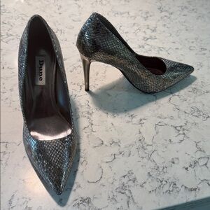 Dune London Betsee Metallic High Heels silver snake stilettos